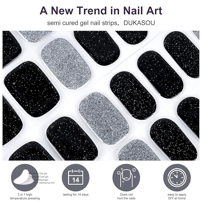 Semi Cured Gel Nail Strips,28 PCS Nail Art Stickers (Shiny Black Silver),Gel Stickers for Nails UV Light, Includes Prep Pads, Nail File & Wood Stick