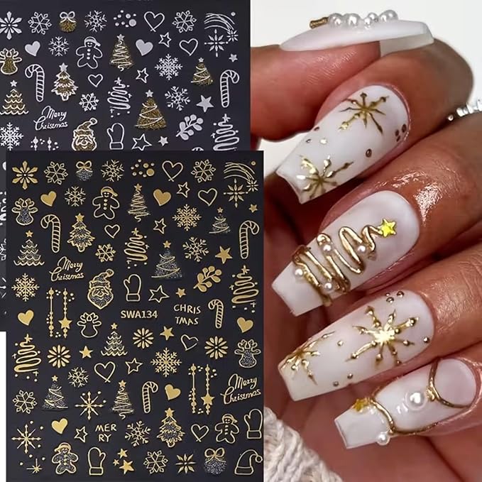 Christmas Nail Art Stickers Decals 6PCS Gold Silver Snowman Snowflake Nail Decals 3D Self-Adhesive Winter Nail Stickers Christmas Tree Santa Claus Elk Holly Christmas Nails Designs Xmas Nails Supplies