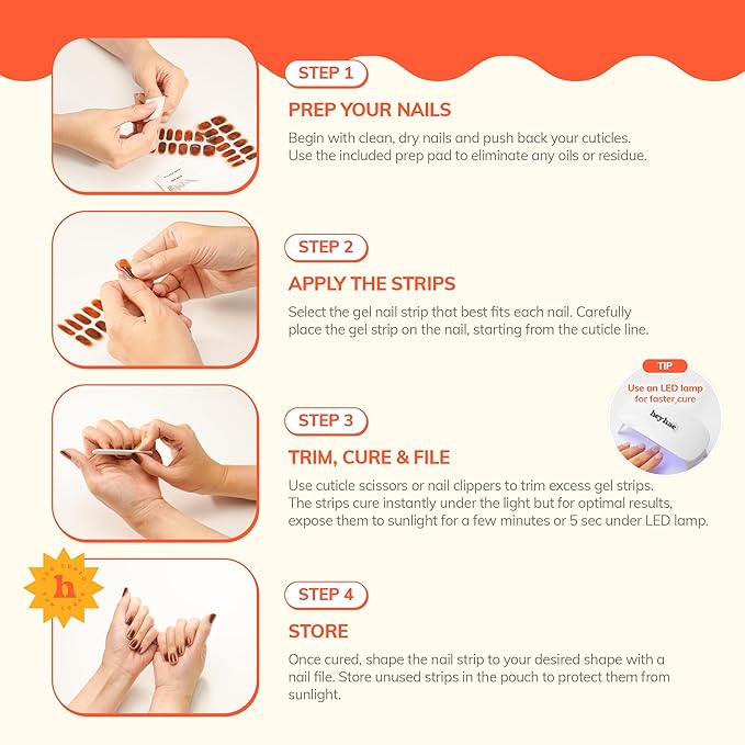 Heyhae Semi Cured Gel Nail Strips | No LED Lamp Needed | Ombre, Neutral, Spring | Easy Apply & Remove, Salon Quality |Includes 28 Strips, 1 Prep Pads, Nail File & Wooden stick- Hey, Sleepover Tonight?