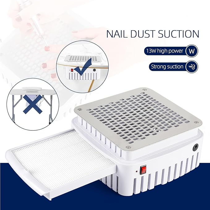 13-Watt Corded Electric Nail Dust Collector with Reusable Filter, Dual-Use Built-in or Tabletop Powerful Suction Machine for Acrylic Nail Polishing, Professional for Salon and Home Use (White)