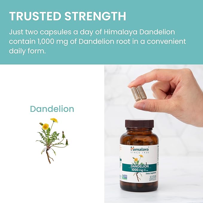 Himalaya Dandelion, Herbal Supplement for Daily Wellness Support, Vegan, Gluten Free, 1,000 mg Dandelion Root, 60 Capsules