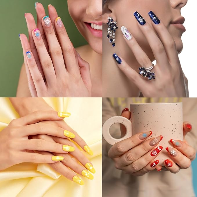 XZENTIRA 8 Sheets Snowflake Nail Stickers DIY Christmas Winter Decals 3D Self Adhesive Colorful Snowflakes Stars for Women Christmas Winter New Year Nail Designs