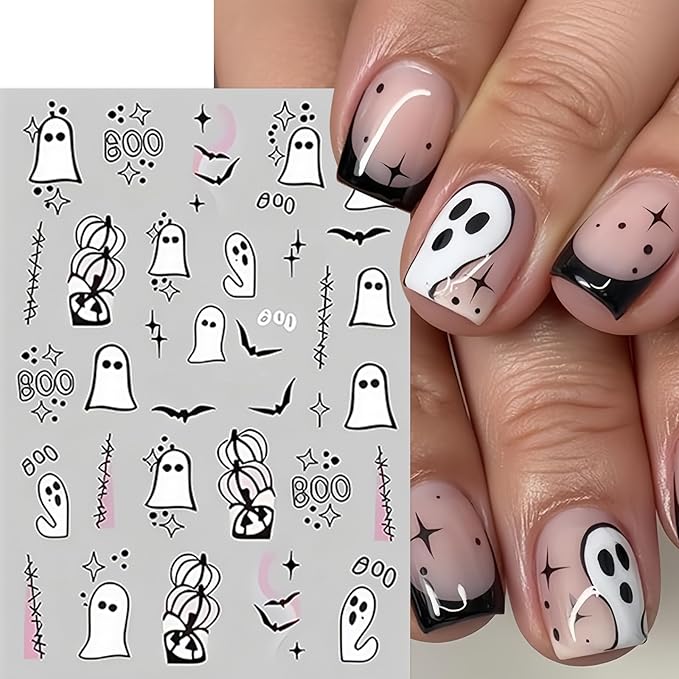 8 Sheets Halloween Nail Art Stickers Cute Flower Ghost Pumpkin Nail Decals Spooky Ghost Spider Web Bats Nail Design Stickers Floral Star Moon Nail Art Supplies for Women Holiday Nail Art Decorations