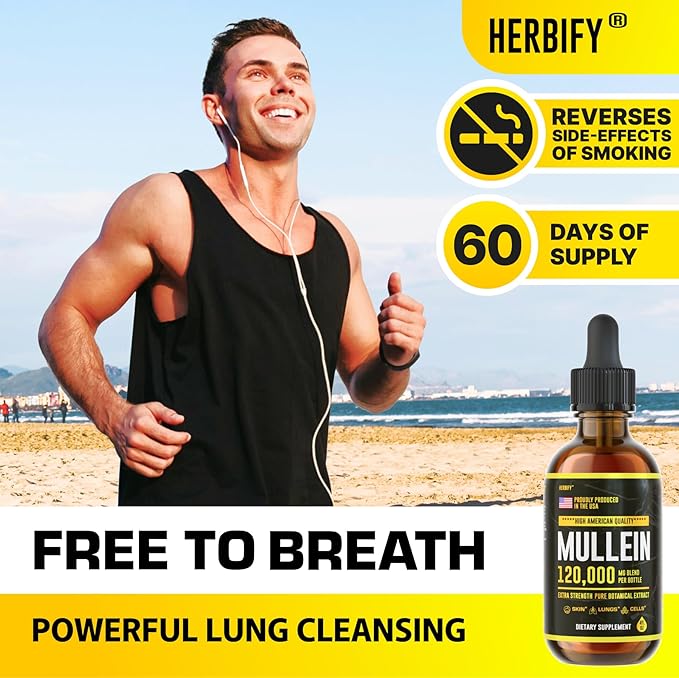 HERBIFY Mullein Drops - Lung Cleanse - Leaf Extract - Powerful Mullein for Immune Support,Detox & Respiratory Support - Made in USA - Lung Cleanse for Smokers - 4 Oz