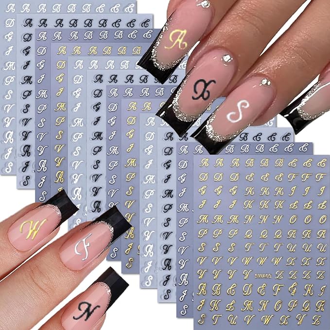 12 Sheet Letters Nail Stickers English Alphabet Nail Decals 3D Self-Adhesive Nail Art Stickers Gold Retro Letters Nail Sticker Manicure Decorations for Women DIY Acrylic Nails Art Supplies