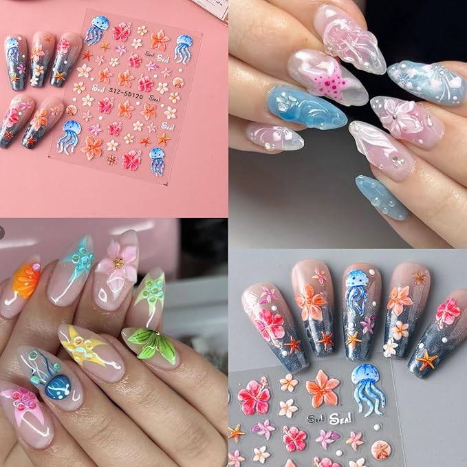 Summer Nail Art Stickers Decals Starfish Jellyfish Flower Nail Stickers Self Adhesive Nail Design 5D Embossed Nail Decals Ocean Theme Summer Manicure Sliders Accessories for Women DIY Nails Decoration