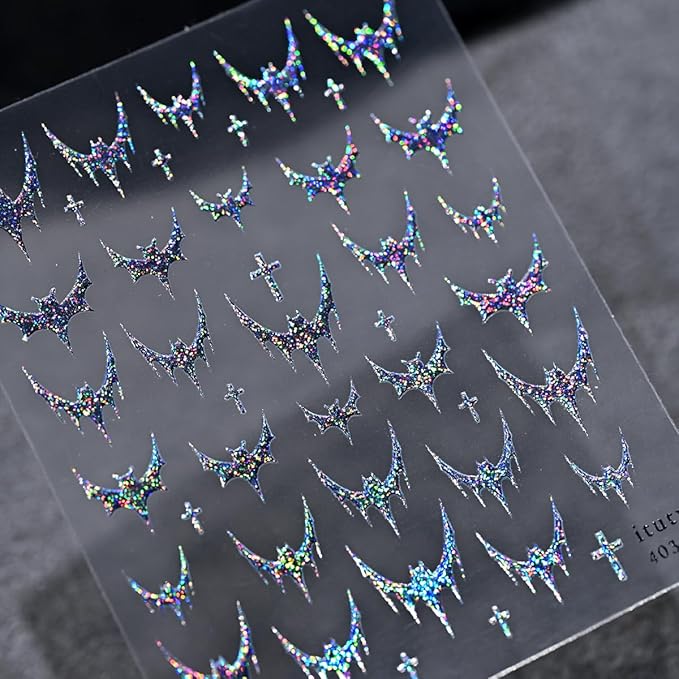 Halloween Nail Art Stickers Decals Silver Glitter Bat Nail Stickers 3D Embossed Bling Bat Cross Gothic French Design Halloween Nail Decals Manicure Sliders for Women DIY Nail Art Decorations Supplies