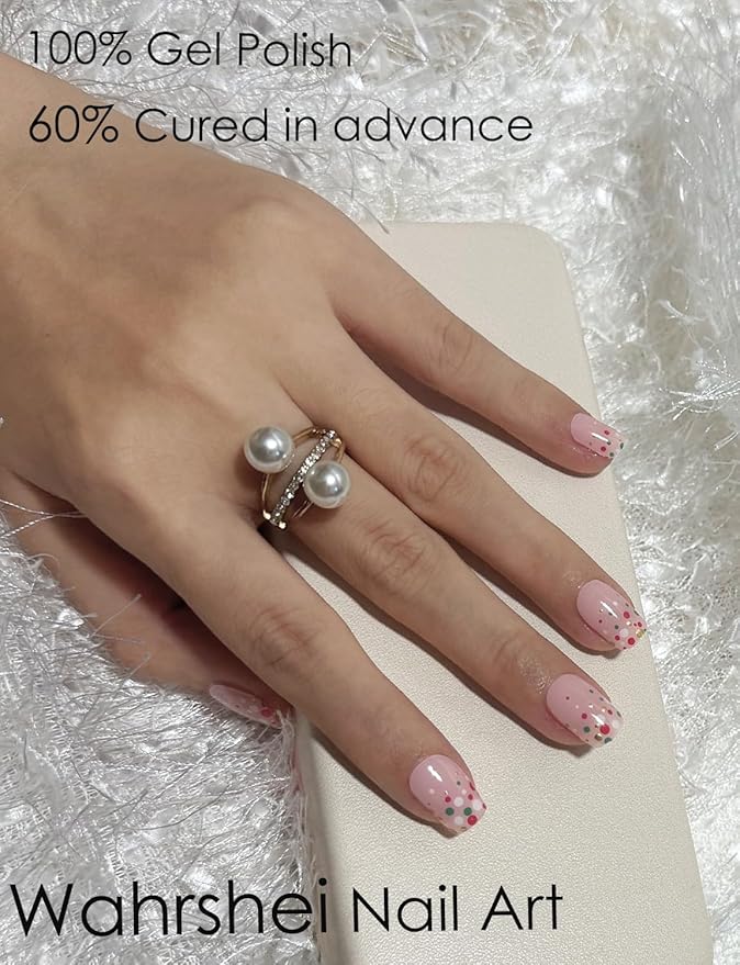 Semi Cured Gel Nail Strips, 20pcs Gel Nail Stickers UV, Gel Nail Wraps for Home Nails DIY,French Dots