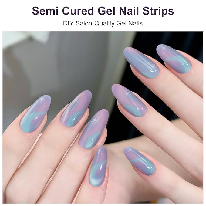 Semi Cured Gel Nail Strips,28 PCS Gel Nail Stickers Nails Wraps for Women (Colorful Aurora),Long Lasting Stickers with UV Light Required,Easy to Apply