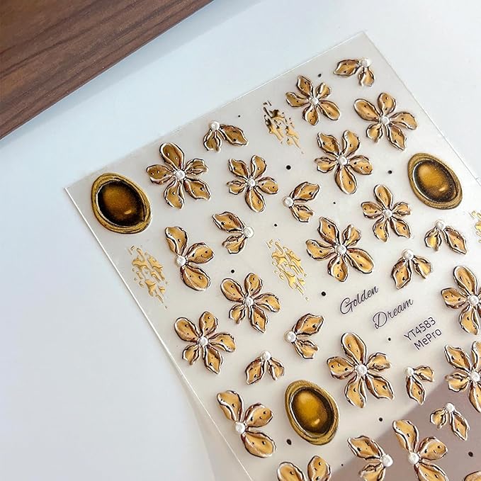 1Sheet Self-Adhesive Bronzing Devil Flower Nail Art Stickers 5D Embossed Light Brown Flowers Designs Nail Decals Cute Floral Nail Stickers Spring Summer Nail Art Supplies for Women Nails Decoration