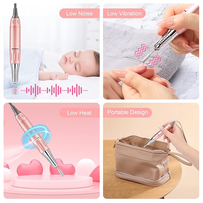 Rechargeable 35000 RPM Nail Drill, Portable Cordless Professional Electric Nail File Kit with 11 Nail Drill Bits for Acrylic, Gel Nails, Manicure Pedicure, Polishing Shape