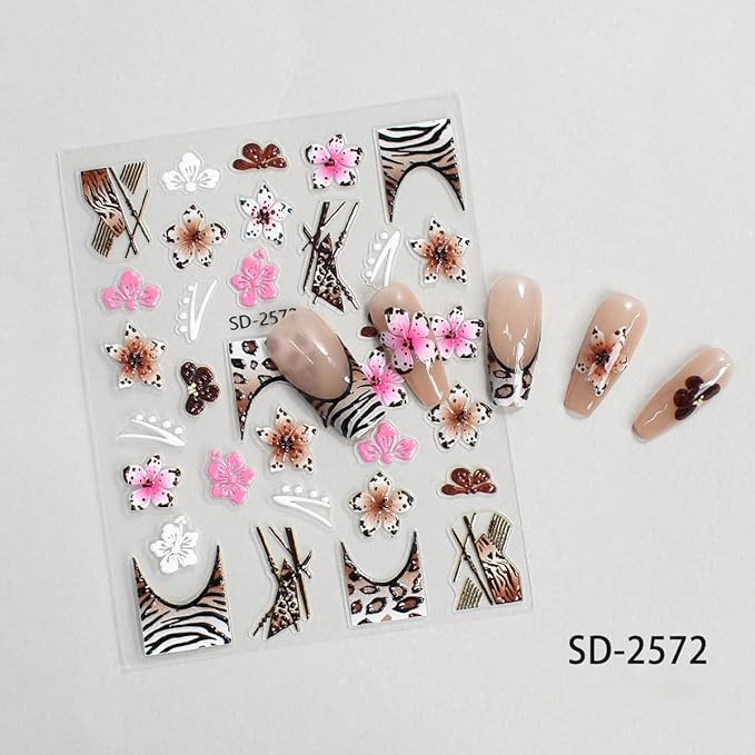 Fall Flowers Nail Art Stickers, Maillard Leopard Lily Nail Decals 3D Embossed with Sweet Cool Spicy Girl Style Design 8Pcs Nail Art Supplies for Women Nail Decoration