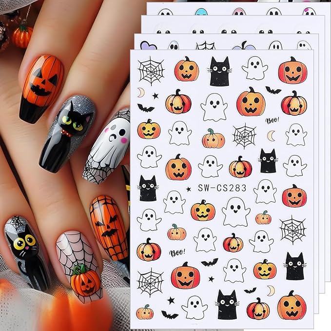 Halloween Nail Art Stickers, Cute Cartoon Ghost Nail Art Decals 3D Self-Adhesive Spider Bat Pumpkin Skull Flowers Nail Design 4Pcs Halloween Nail Art Supplies for Women Nail Decoration