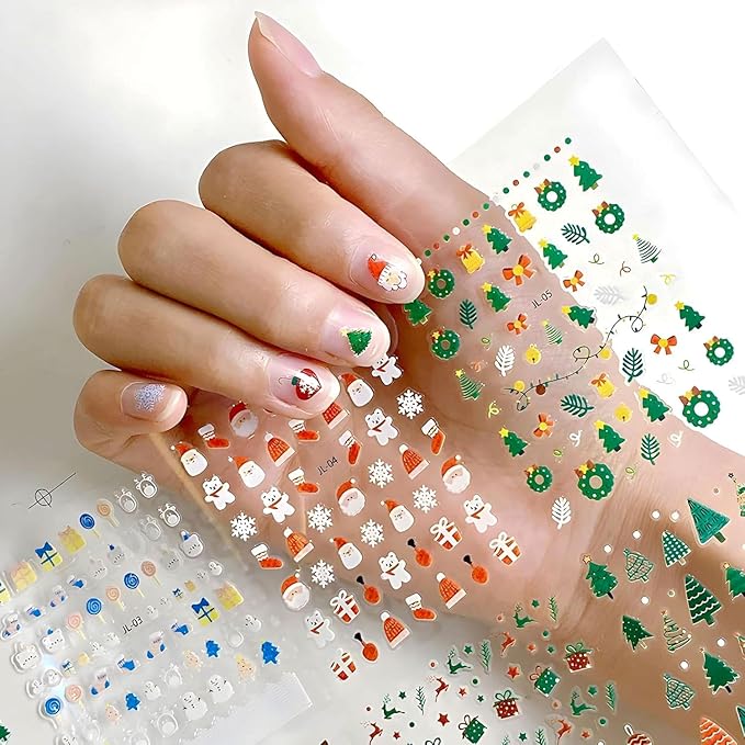 30 Sheets Christmas Nail Stickers Snowflake Snowman Nail Decals 3D Self-Adhesive Elk Gingerbread Man Design Winter Nails Art Stickers for Women Holiday Manicure DIY