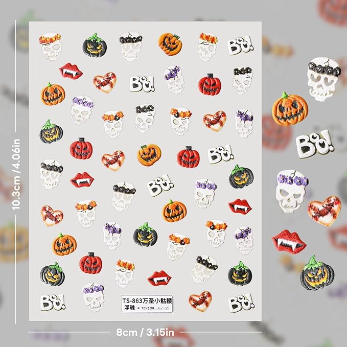 Halloween Nail Stickers for Nail Art - Skull Nail Art Sticker Halloween Pumpkin Skull 5D Embossed Nail Decals Self-Adhesive Nails Supply Manicure Stickers for Nails Decoration
