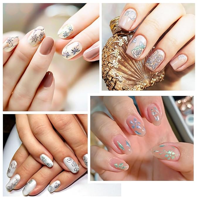 Glitter Flower Nail Stickers for Nail Art, Nails Art Stickers Decals Self Adhesive Floral Nail Sticker for Women Nails Decoration