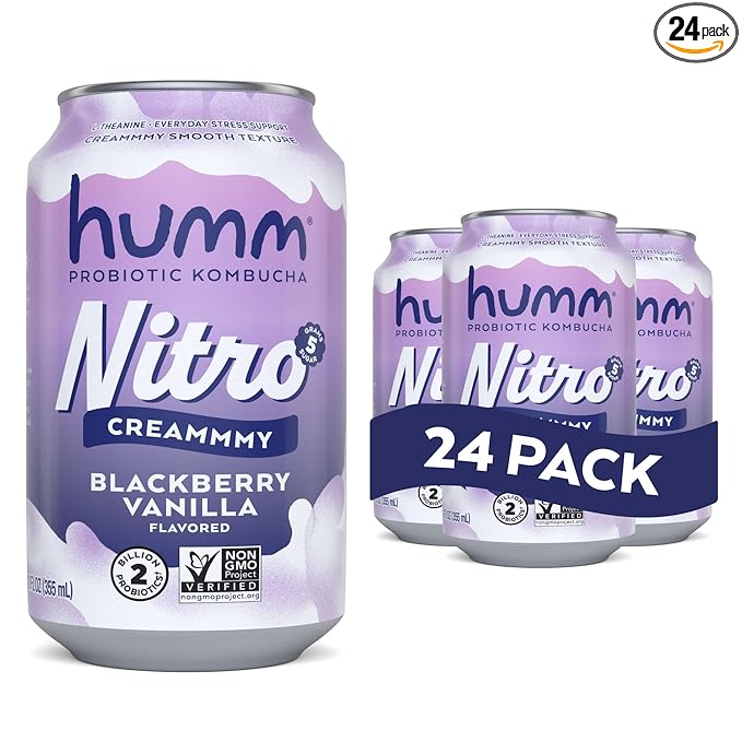 Humm Nitro Kombucha Blackberry Vanilla, Creamy Smooth Probiotic Drink with L-Theanine, Non-GMO, Vegan, Gluten Free, 12 fl oz (Pack of 24)