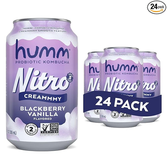 Humm Nitro Kombucha Blackberry Vanilla, Creamy Smooth Probiotic Drink with L-Theanine, Non-GMO, Vegan, Gluten Free, 12 fl oz (Pack of 24)