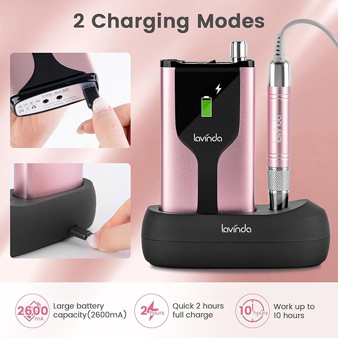 Lavinda Professional Rechargeable Nail Drill Machine, Cordless 35,000RPM Skyspace Brushless Nail Drill, Portable Electrical Nail File for Acrylic Nails with Protective Case, Rose Gold