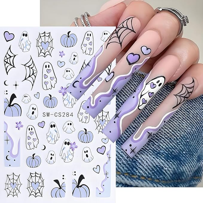Halloween Nail Art Stickers, Cute Cartoon Ghost Nail Art Decals 3D Self-Adhesive Spider Bat Pumpkin Skull Flowers Nail Design 4Pcs Halloween Nail Art Supplies for Women Nail Decoration