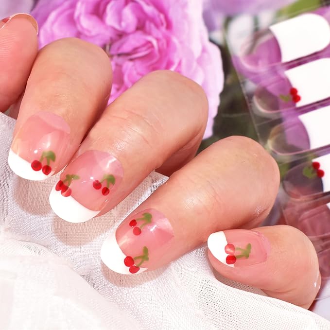 Semi Cured Gel Nail Strips Cute Cherry Gel Stickers French White Salon Quality DIY Nail Wraps Manicure Stickers for Easy Application