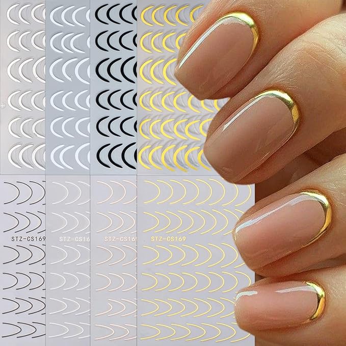 8 Pieces French Tip Line Nail Art Stickers 3D Simple Lines Nail Stickers Black White Gold Silver Metal Stripes Adhesive Decals Curved Gel Nail Art Polish Sliders Manicure Foils Decor Accessories
