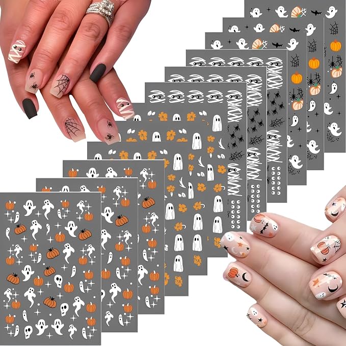 12 Sheets Halloween Nail Stickers Pumpkin Flower Nail Art Stickers 3D Self-Adhesive Bat Ghost Nail Decals Spider Nail Supplies Spider Web Nail Art Decoration for Women and Girls