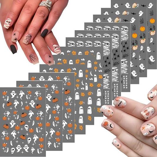 12 Sheets Halloween Nail Stickers Pumpkin Flower Nail Art Stickers 3D Self-Adhesive Bat Ghost Nail Decals Spider Nail Supplies Spider Web Nail Art Decoration for Women and Girls