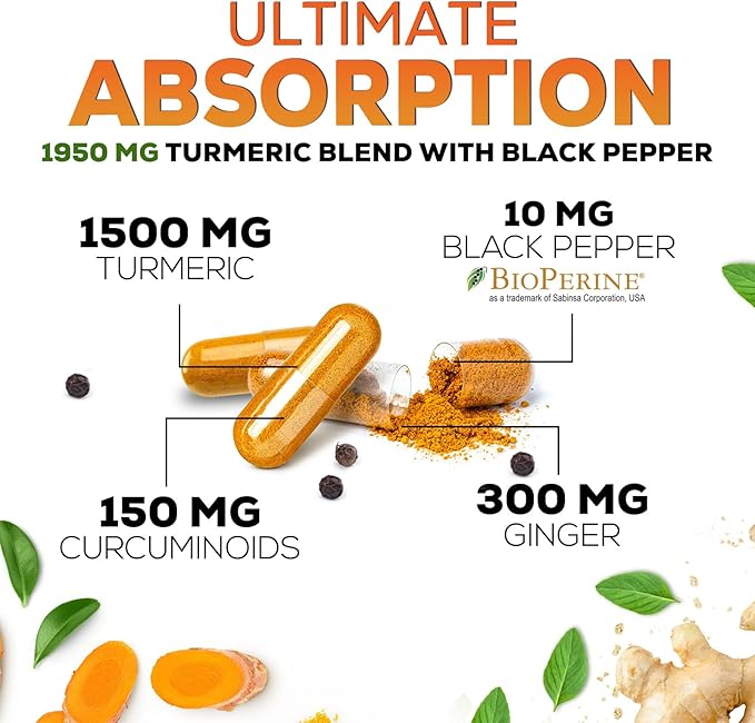 Turmeric Curcumin Supplement 1950mg - 95% Curcuminoids with Organic Turmeric & Ginger, BioPerine Black Pepper for Best Absorption, Nature's Vegan Joint Support, Non-GMO, Bottled in USA - 60 Capsules