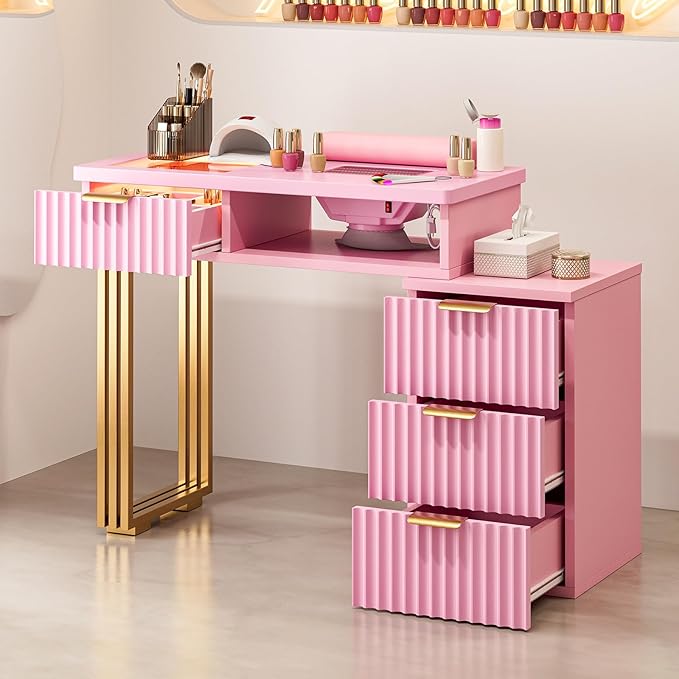 Manicure Table for Nail Tech with Dust Collector, Nail Station Desk w/4 Drawers & LED Lights, Acetone Resistant Beauty Salon Workstation w/Wrist Cushion (Pink)