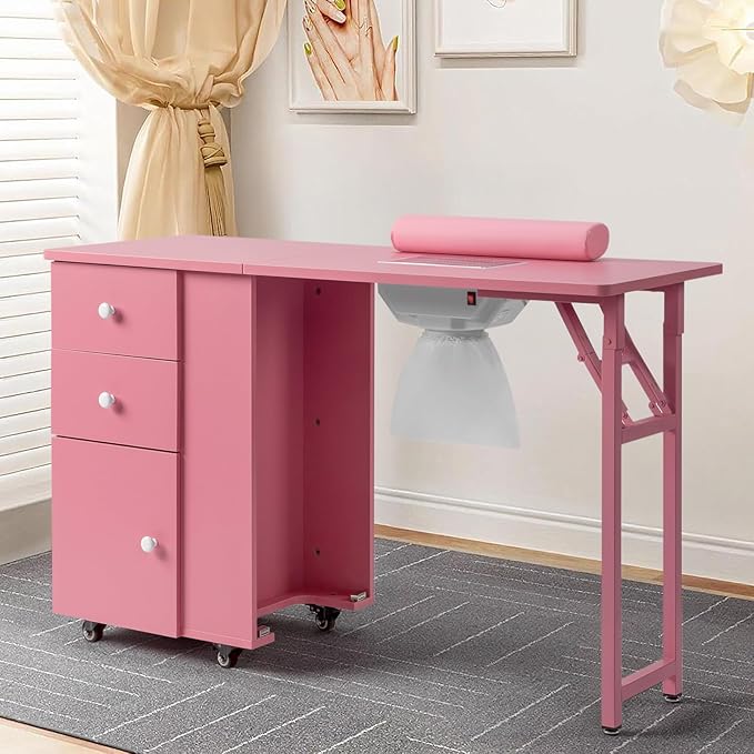 Winado Foldable Manicure Table for Nail Tech, Nail Desk Station Makeup Beauty Salon Storage Acetone Resistant w/Electric Dust Collector, Lockable Wheels, Wrist Cushion, Drawers & Cabinet, Pink