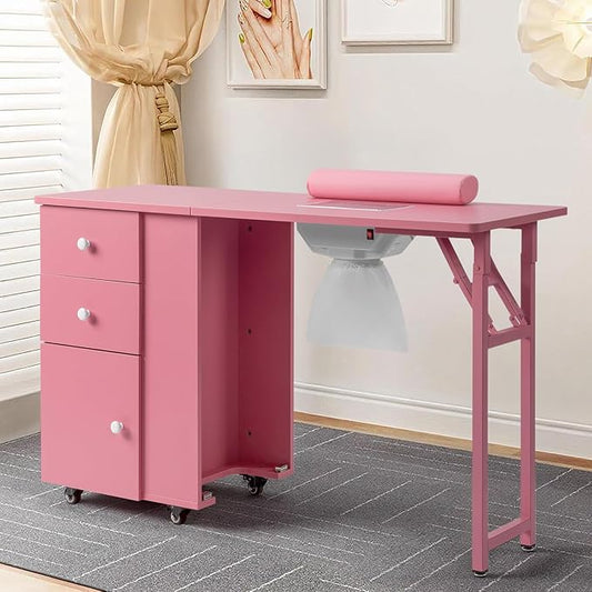 Winado Foldable Manicure Table for Nail Tech, Nail Desk Station Makeup Beauty Salon Storage Acetone Resistant w/Electric Dust Collector, Lockable Wheels, Wrist Cushion, Drawers & Cabinet, Pink