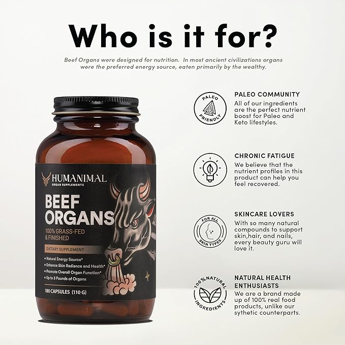 Humanimal Beef Organ Supplement | Beef Organ Capsules | 100% Grass-Fed & Finished, Freeze-Dried | Boosts Whole Body Health | A Blend of Liver, Heart, Kidney, Pancreas & Spleen | Non-GMO, 180 Capsules