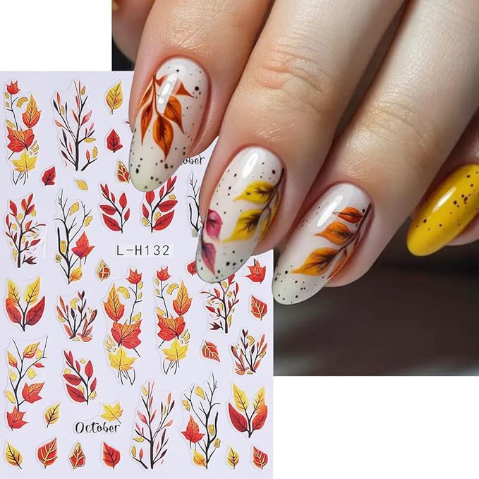 Fall Nail Art Stickers Autumn Maple Leaf Nail Decals 6PCS Fallen Leaf Pumpkins Foxes Pinecone Fall Nails Design Adhesive Stickers Nail Art Supplies for Thanksgiving Day Women Manicure Nail Decorations