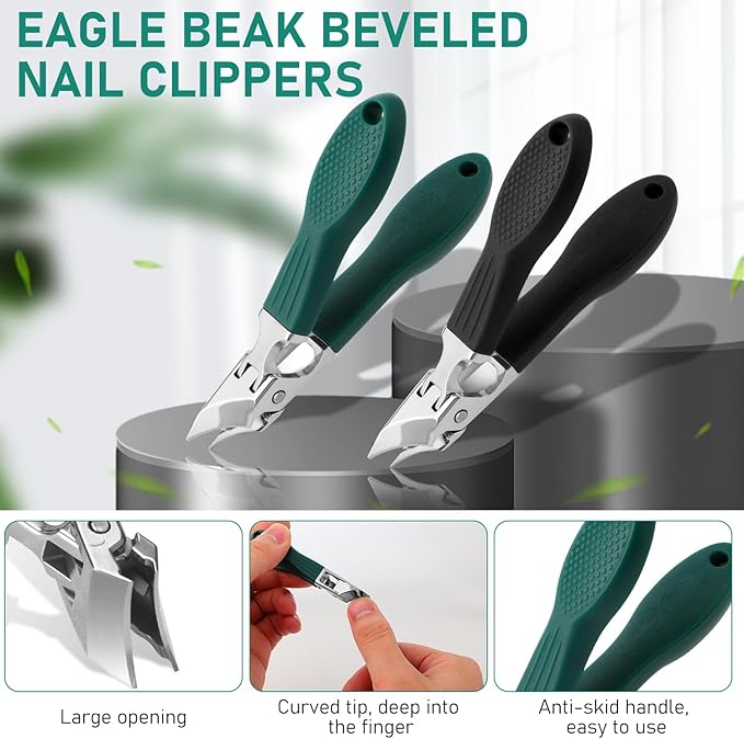 Eagle Beak Beveled Nail Clippers, Wide Jaw Opening Anti-Splash Slanted Nail Clipper Set, Eagle Beak Angled Nail Clippers 3-Piece Set, for Thick and Ingrown Nails (Green)