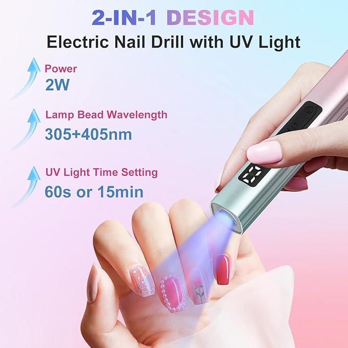 Cordless Electric Nail Drill with UV Light Lamp, 14 in 1 Electric Nail File Drill, 5 Speed LCD Display Rechargeable Professional Manicure Pedicure Kit(Gold) (Pink Blue)