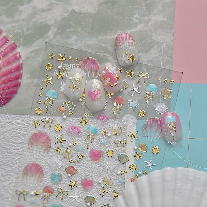 1Pcs Summer Nail Stickers for Nails Art 5D Embossed Marine Life Nail Decals with Pearl Shiny Gold Star Bow Shell Nail Art Stickers Ocean Beach Jellyfish Nail Supplies for Women Manicure Decor