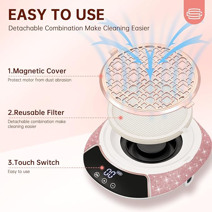 Cordless Nail Dust Collector,Portable Dust Collector Nail Tech with LED Display,Rechargeable Dust Suction Machine with Reusable Fillter for Acrylic Gel Polish,Salon & Home