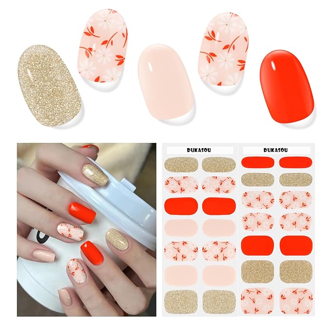 Semi Cured Gel Nail Strips,28 Pcs Fall Nail Stickers for Women,UV Gel Strips Work with Any UV Lamp, Long Lasting, Includes Prep Pads, NailFile & Wood Stick