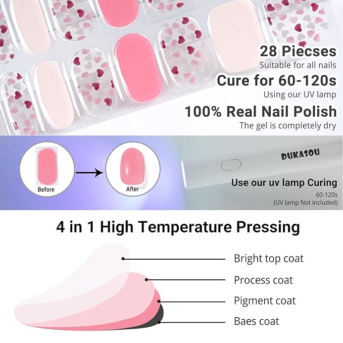 Semi Cured Gel Nail Strips, Love Heart | 28 pcs Gel Nail Strips Work with Any UV Lamp, Salon Quality UV Nails Stickers, Easy to Apply for Home Nails DIY