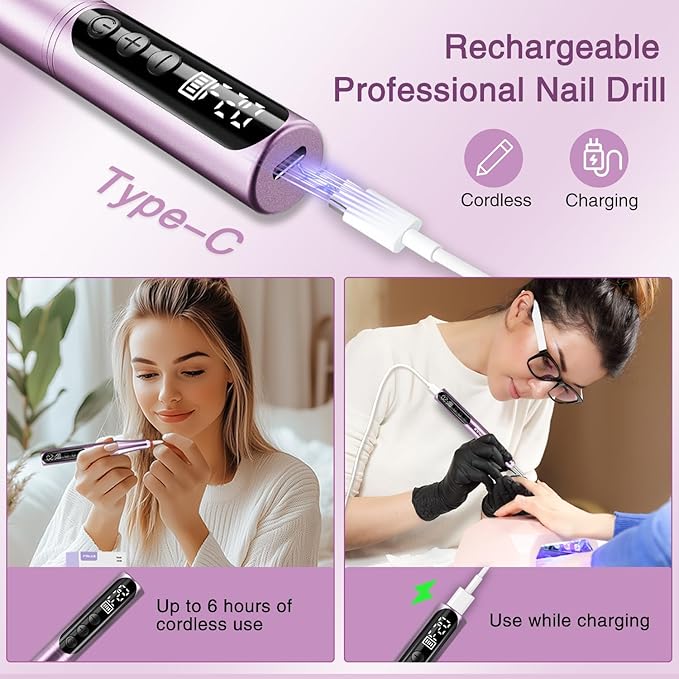 Electric Cordless Nail Drill File: LED Display Professional Portable Nail Drill for Acrylic Gel Dip Powder Nails Manicure Pedicure Kit Tool with Nail Drill Bits Sanding Bands, Purple