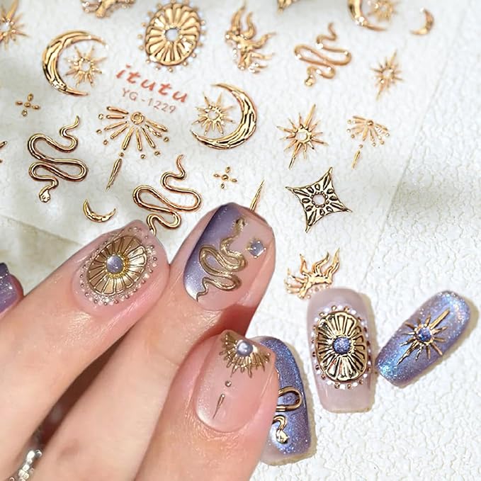 1 Sheets Embossed Gold Nail Stickers for Nail Art 5D Self Adhesive Design Gold Flame Snake Nails Decals Star Nail Art Stickers Bronzing Sun Moon Star Nails Supplies for Women DIY Manicure