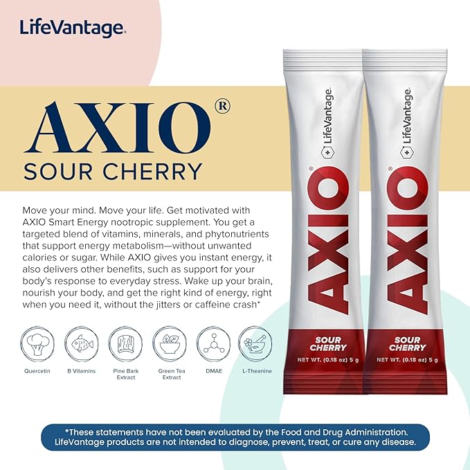 LifeVantage AXIO Regular Energy Drink Powder, Nootropic Supplement, Focus & Mood Support, with L-theanine, Green Tea, B Vitamins, DMAE, Quercetin & Pine Bark, Sour Cherry, 30 Packets