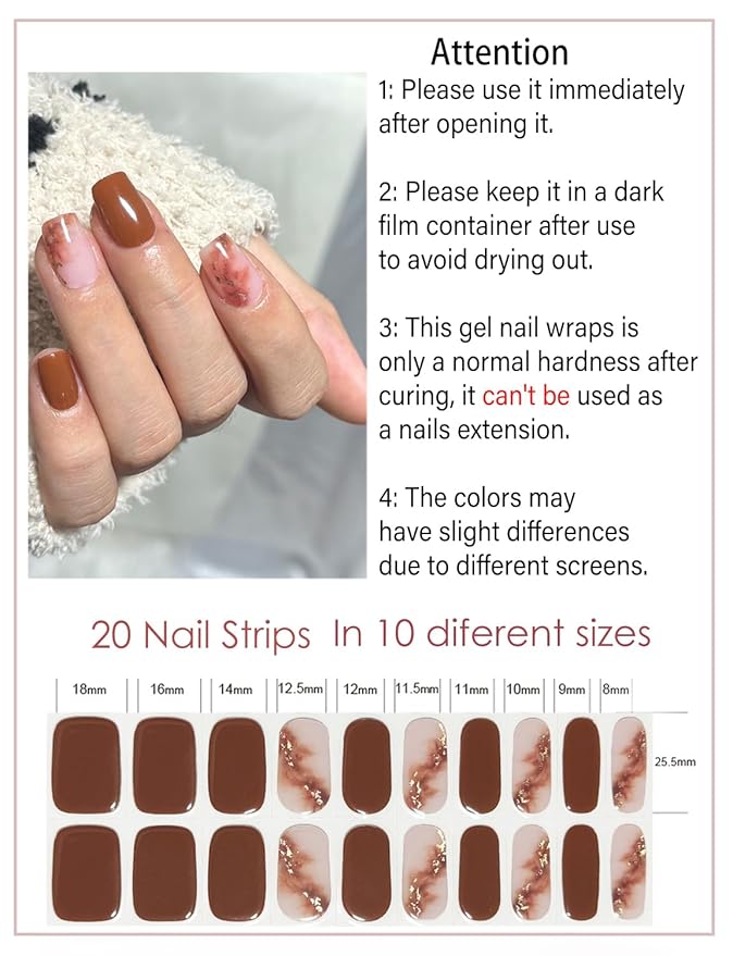 Semi Cured Gel Nail Strips, 20pcs Gel Nail Stickers UV, Semi Cured Gel Nail Wraps for Home Nails DIY -Burnt Marble