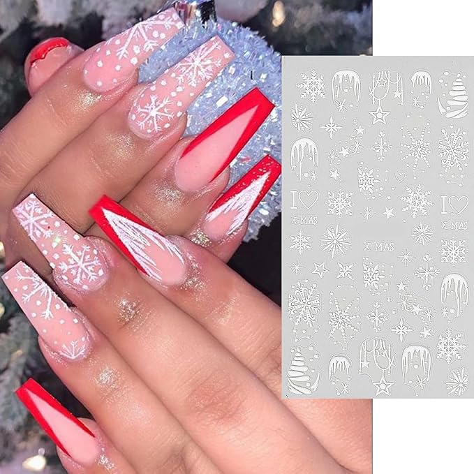 HNUIX Nail Stickers - Snowflake 5D, Self Adhesive Nail Decals, Multi Pattern, 4 Sheets, for Nail Art