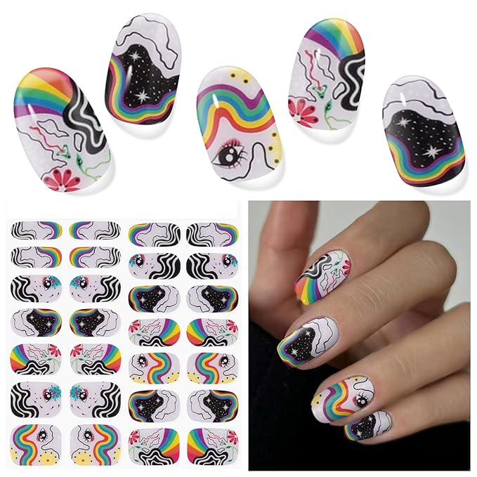 Semi Cured Gel Nail Strips (Rainbow Graffiti), 28 pcs UV Gel Nail Stickers for Women Work with Any UV Lamps, Salon Quality Nails Wraps for Home DIY Nails Art