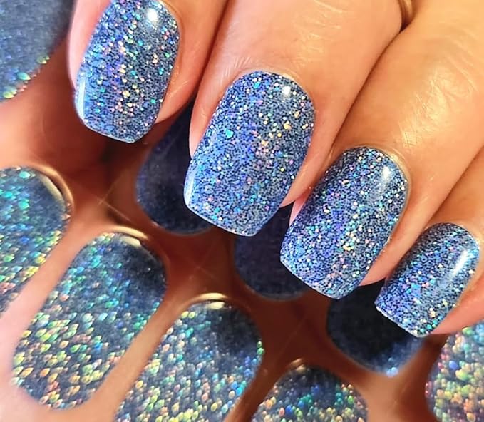 Semi Cured Gel Nail Strips, Dark Blue Sparkle | 28 pcs Gel Nail Strips Work with Any UV Lamp, Salon Quality UV Nails Stickers, Easy to Apply for Home Nails DIY