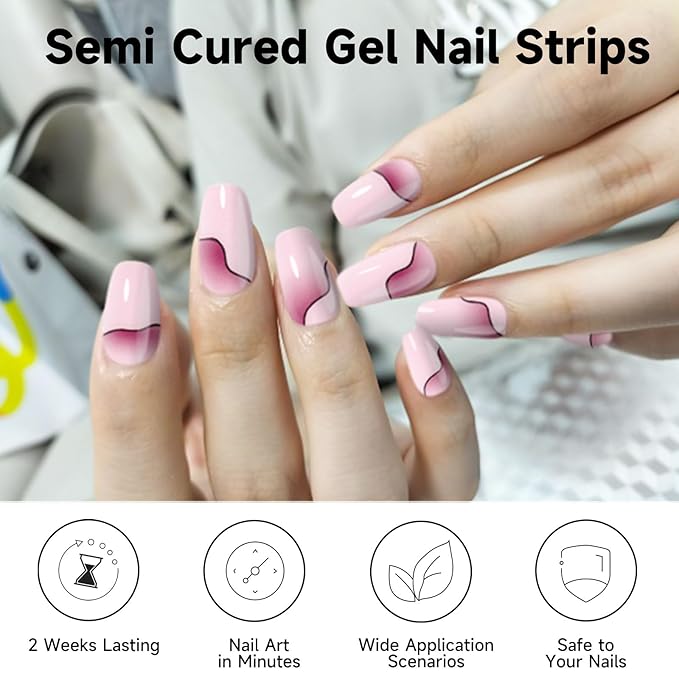 Semi Cured Gel Nail Strips, 28 pcs Gel Nail Stickers Work with Any UV Lights, Long-Lasting Nail Wraps, Stick on Nails for women Easy to Apply & Remove