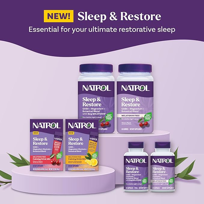Natrol Sleep + Restore Magnesium Glycinate Blend Gummies with Melatonin 5mg - Calm Magnesium with GABA, Botanical Blend, Cherry Flavor, 60 Gummies
