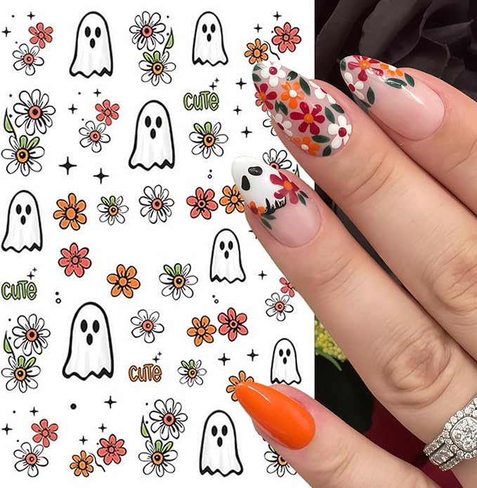 8 Sheets Halloween Nail Stickers Ghost Mushroom Nail Art Stickers Daisy Ghost Nails Decals Pumpkin Spider Colorful Holiday Nail Art Supplies Adhesive Halloween Sticker for Women Nail Art Decorations